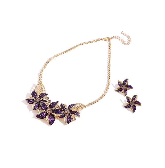 Sohi Womens Purple Enamel Flower Necklace And Earrings (Set Of 2) Product Image