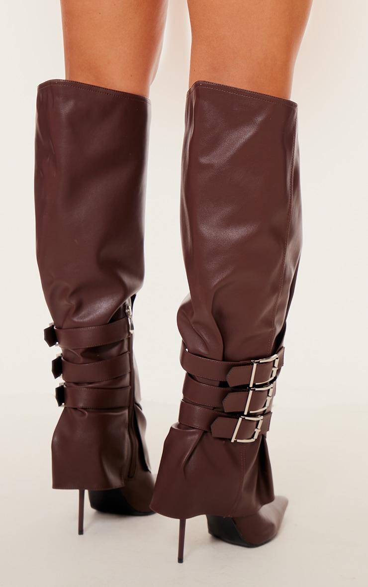 Chocolate PU Buckle Detail High Stiletto Heel Knee High Boots Product Image