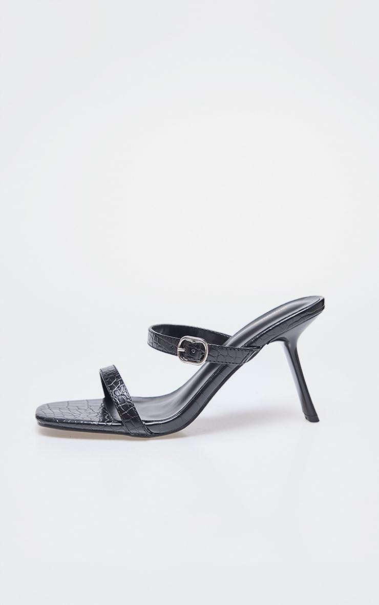 Black Croc PU Square Toe Strappy Heeled Mule Sandals Product Image