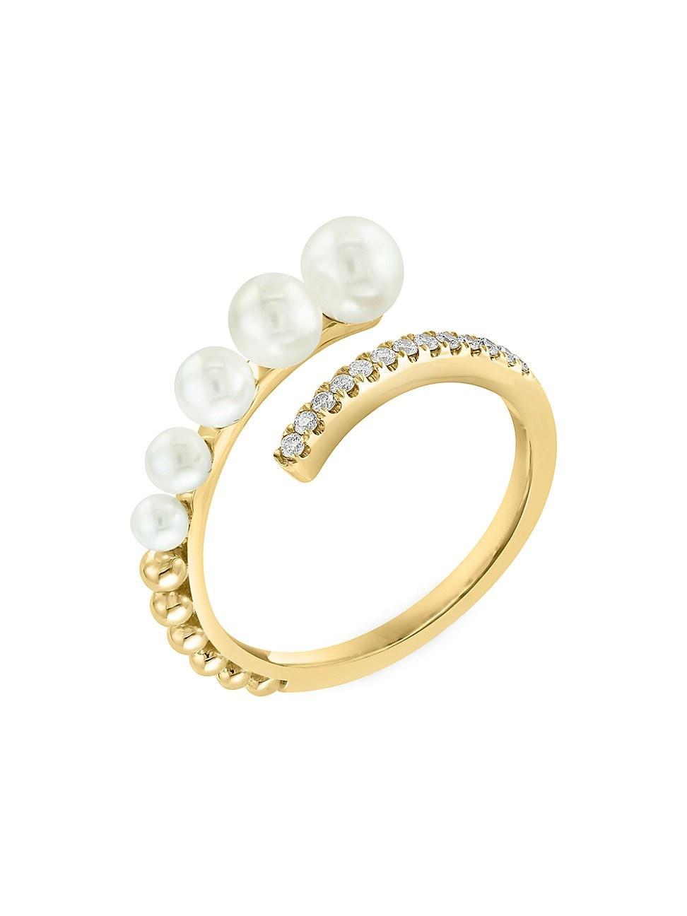 Womens 14K Yellow Gold, Diamond & Freshwater Pearl Bypass Ring Product Image