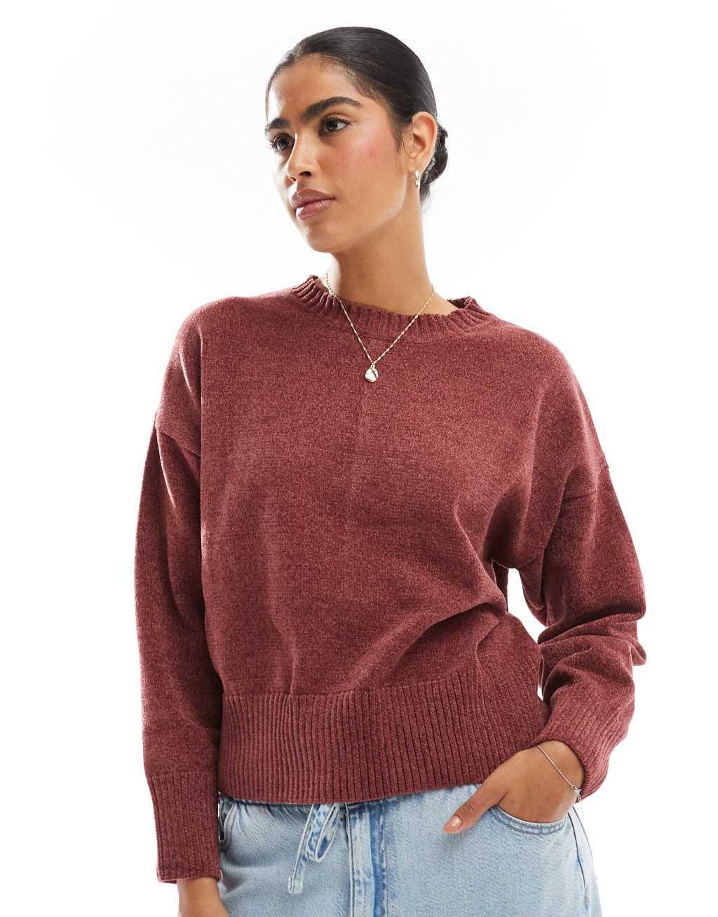 Pull&Bear chenille knit sweater in burgundy red product image