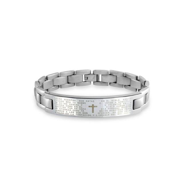 Our Lords Prayer Cross El Padre Maestro Link Wrist Id Bracelet for Men Stainless Steel Product Image