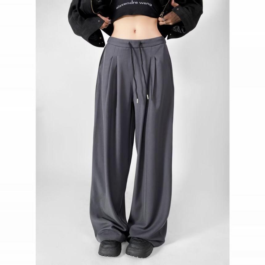 Drawstring Waist Plain Wide Leg Pants Product Image