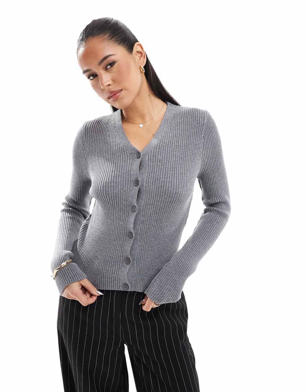 ASOS DESIGN knit V-neck rib cardigan in gray Product Image