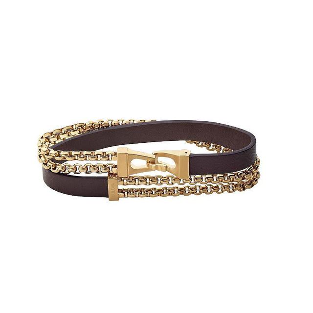 Bulova Mens Gold Tone Stainless Steel Box Link Chain & Brown Leather Double Wrap Bracelet Product Image