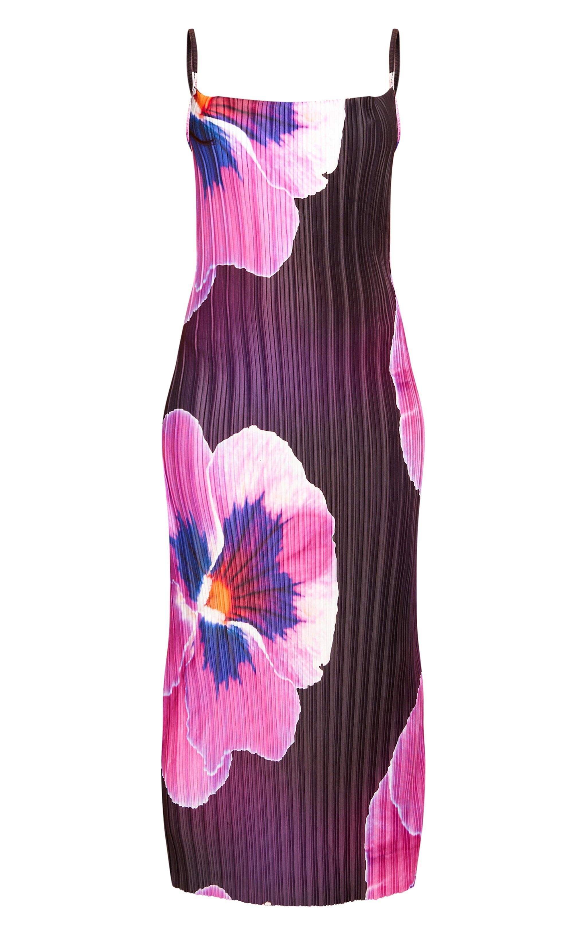 Purple Floral Print Plisse Cowl Neck Maxi Dress Product Image