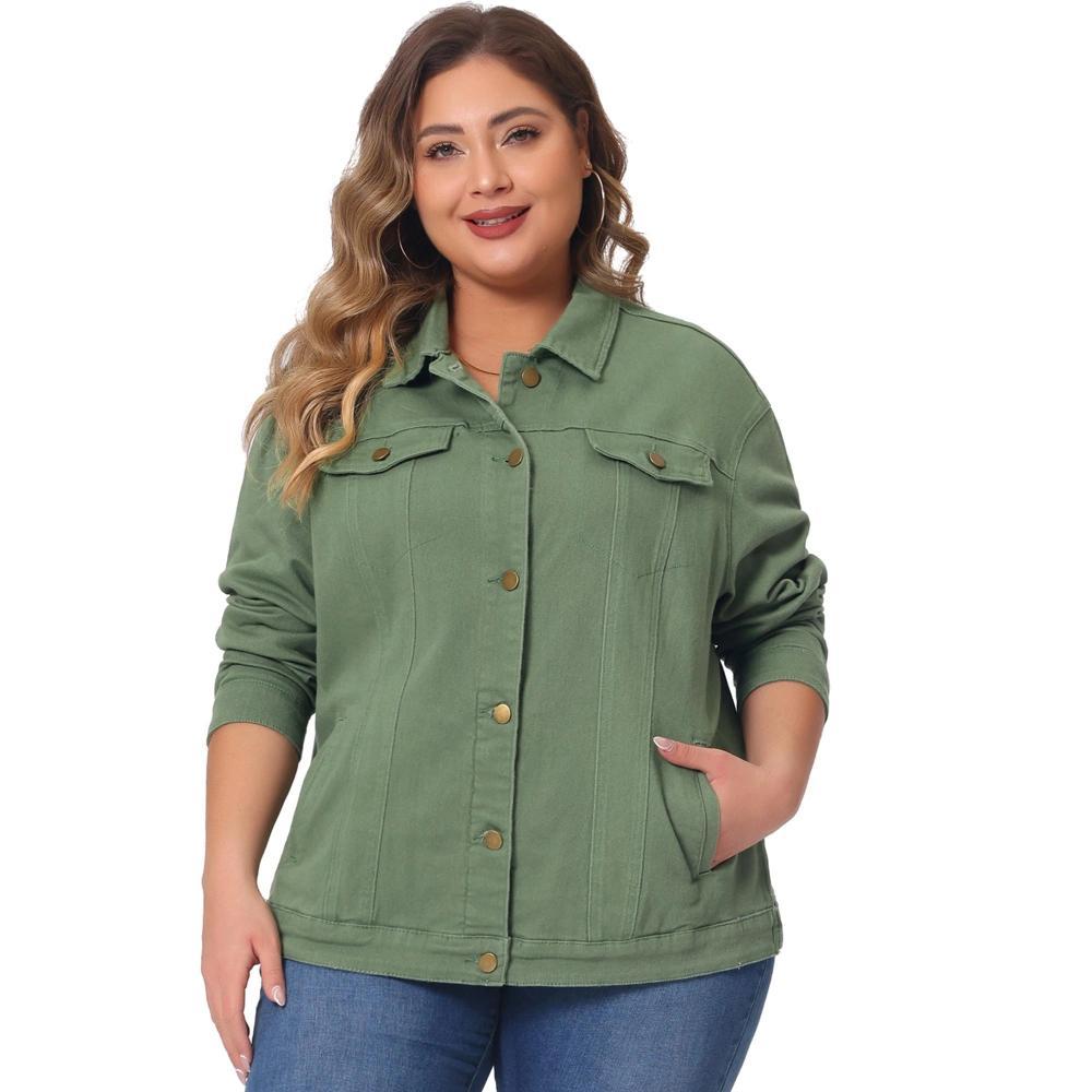 Agnes Orinda Women's Plus Size Button Front Chest Pockets Washed Casual Jean Jackets Green 1X Product Image