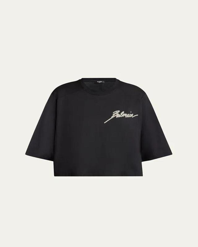 BALMAIN Crystal Logo Cropped T-shirt In Black Product Image