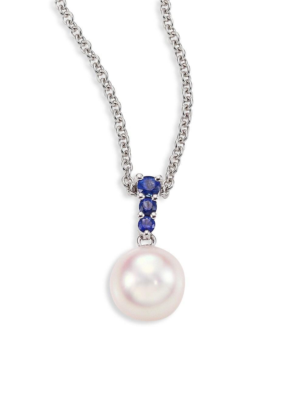 Morning Dew 8MM White Cultured Akoya Pearl, Sapphire & 18K White Gold Pendant Necklace Product Image