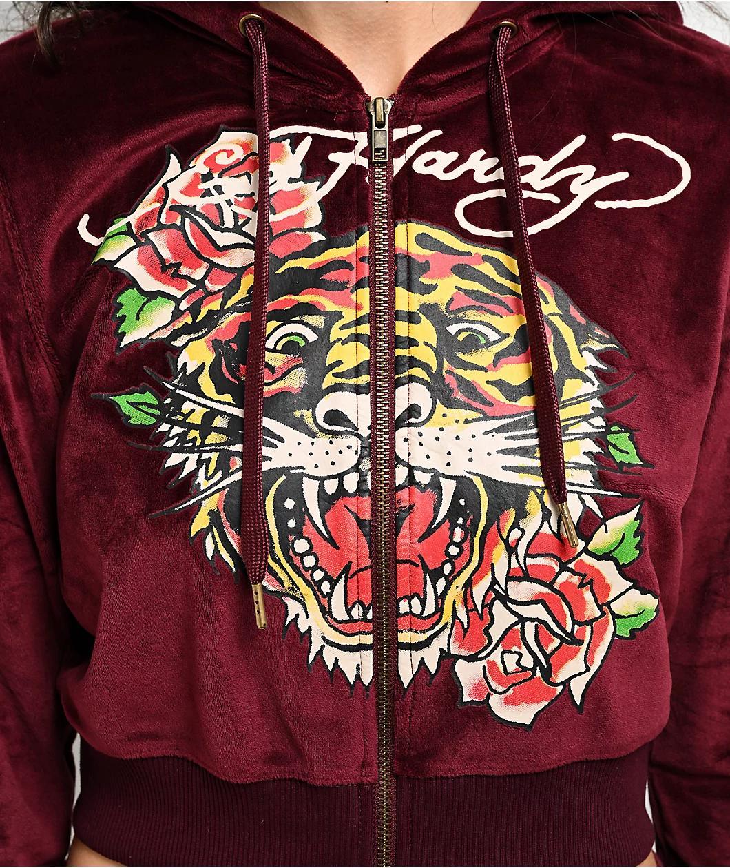 Ed Hardy Retro Tiger Burgundy Velour Crop Zip Hoodie Product Image