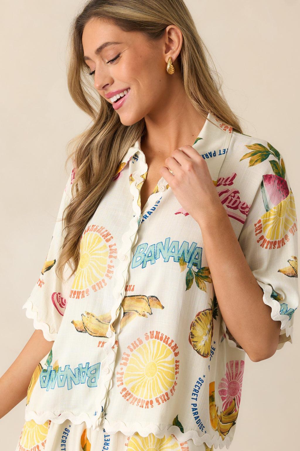 Island Time Ivory Tropical Fruit Print Button Front Top Product Image