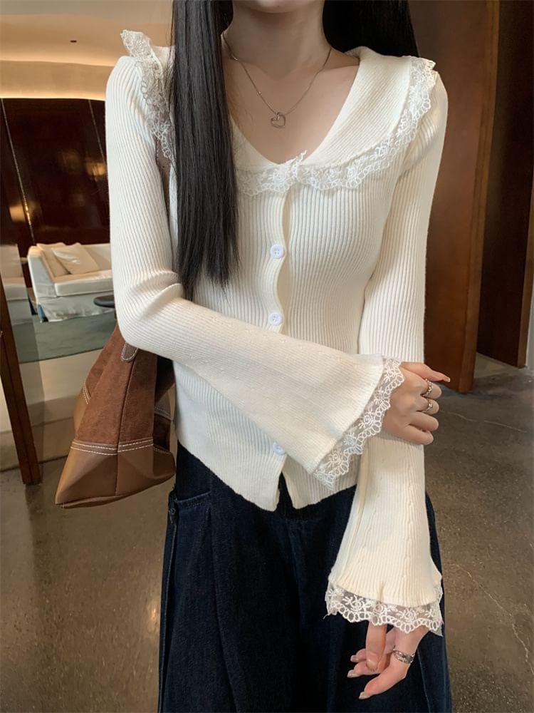 Long-Sleeve Collar Lace Trim Button Ribbed Knit Top Product Image