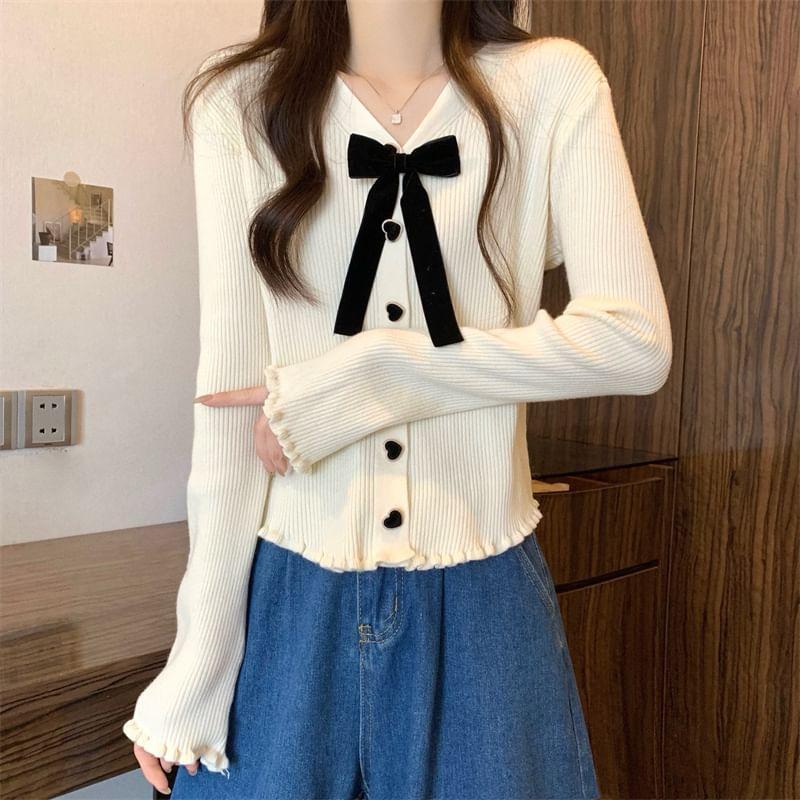 Long-Sleeve V-Neck Bow Heart Button Ribbed Knit Top Product Image