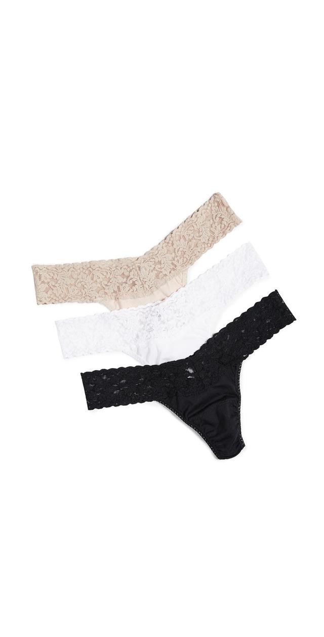 Hanky Panky Organic Cotton Low Rise Thong w/ Lace 3-Pack (Black/White/Chai) Women's Underwear Product Image