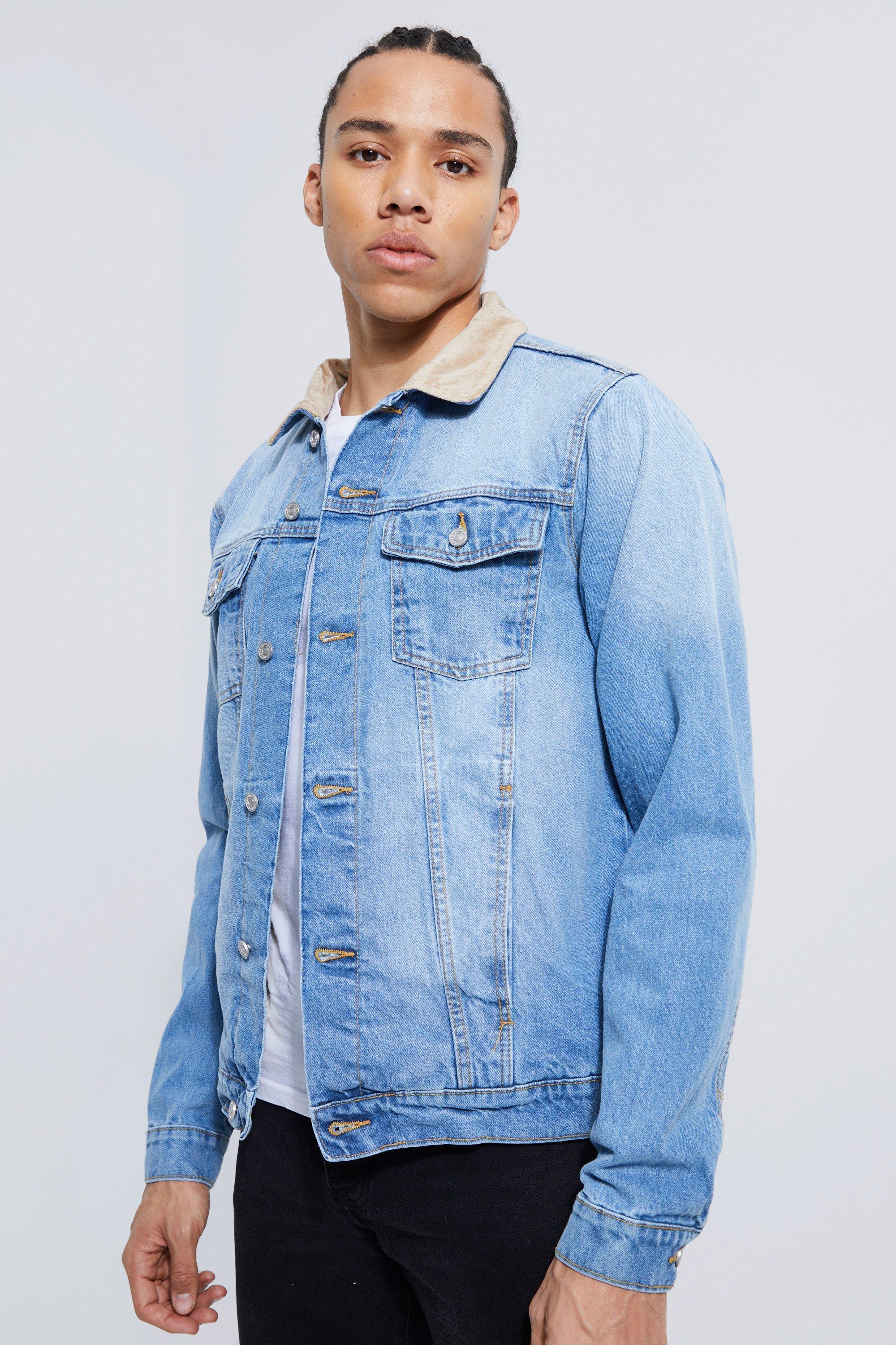 Tall Borg Lined Cord Collar Jean Jacket | boohooMAN USA Product Image