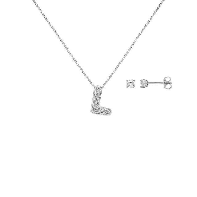 Brilliance Silver Plated Cubic Zirconia Stud Earrings and Initial Pendant Necklace Set, Womens Silver Tone S Product Image