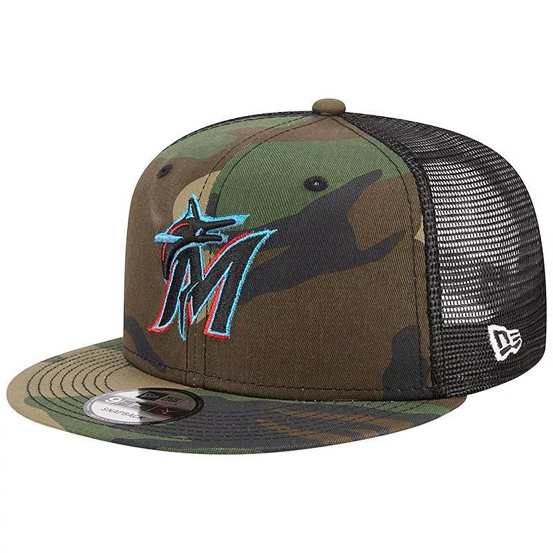 Mens New Era Camo Miami Marlins Woodland Camo Trucker 9FIFTY Snapback Hat Product Image