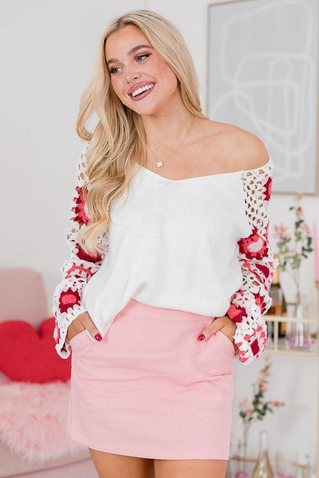 Hello Lover Pink And Ivory Crochet Heart Sleeve Sweater FINAL SALE Product Image