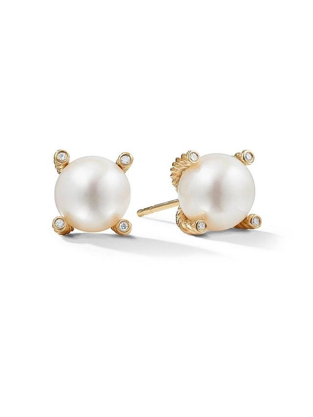 Womens Cable Pearl Stud Earrings in 18K Yellow Gold with Diamonds Product Image