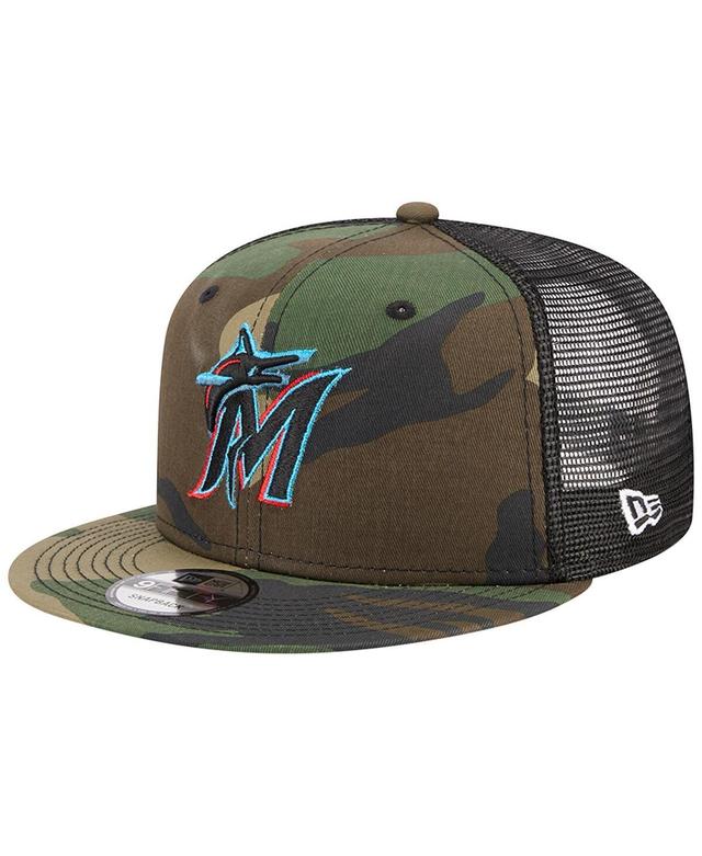 Mens New Era Camo Miami Marlins Woodland Camo Trucker 9FIFTY Snapback Hat Product Image