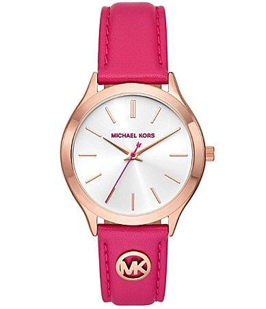 Michael Kors Womens Slim Runway Three-Hand Deep Pink Leather Strap Watch Product Image