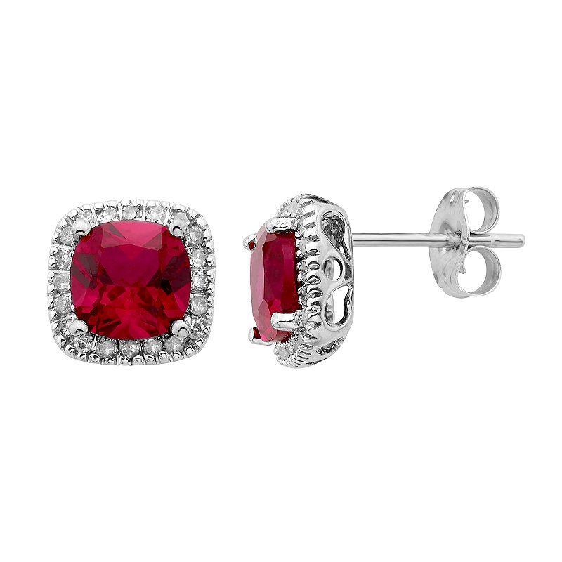 Lab-Created Ruby and 1/6 Carat T.W. Diamond 10K Gold Halo Button Stud Earrings, Womens, Red Product Image