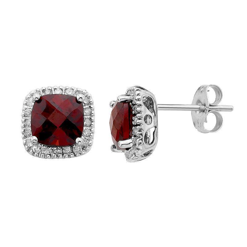 Garnet and 1/6 Carat T.W. Diamond 10K Gold Halo Button Stud Earrings, Womens, Pink Product Image