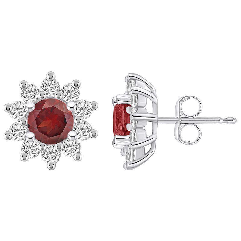 Alyson Layne 14k White Gold Round Garnet 1 1/5 Carat T.W. Diamond Halo Stud Earrings, Womens, Red Product Image