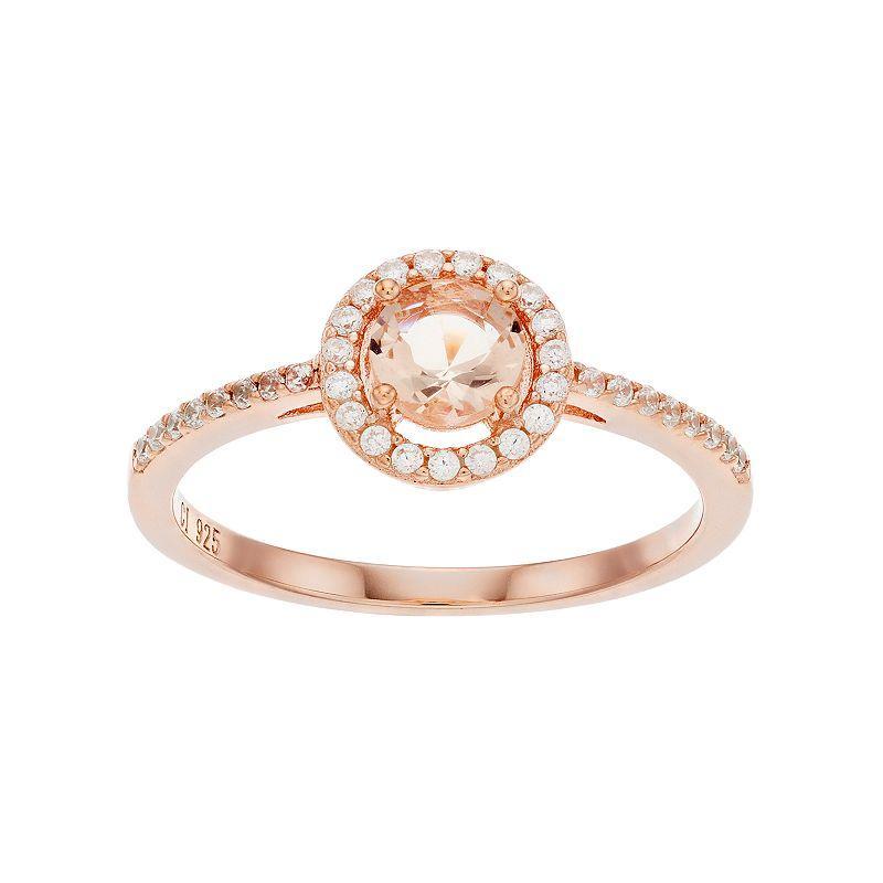 14k Rose Gold Over Silver Simulated Morganite & Cubic Zirconia Round Halo Ring, Womens Pink Product Image