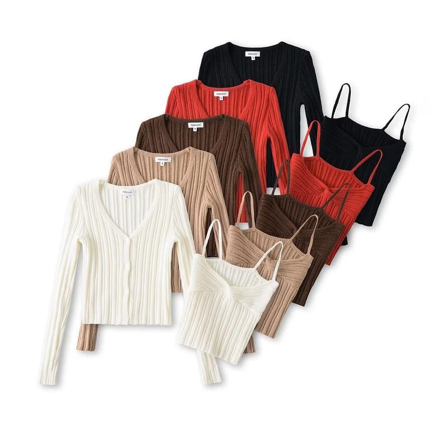 Set: Plain Cardigan + Twisted Crop Cami Top Product Image