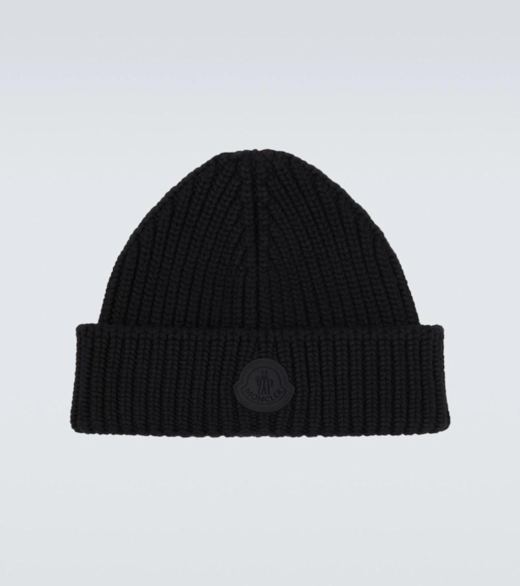 MONCLER Black Wool Rib Knit Rubber Logo Beanie Product Image