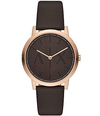 Armani Exchange Mens Dale Rd. Two Hand Brown Leather Strap Watch Product Image