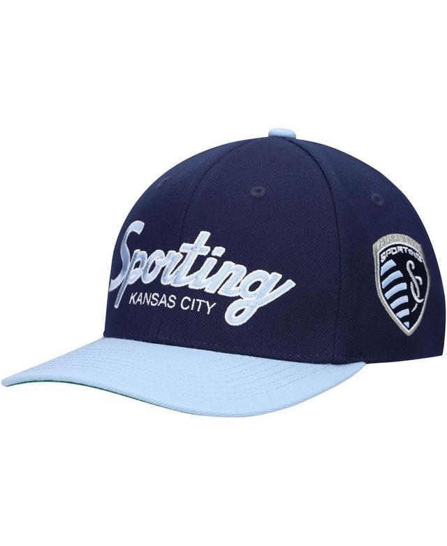 Mens Mitchell & Ness Navy Sporting Kansas City Team Script 2.0 Stretch Snapback Hat Product Image