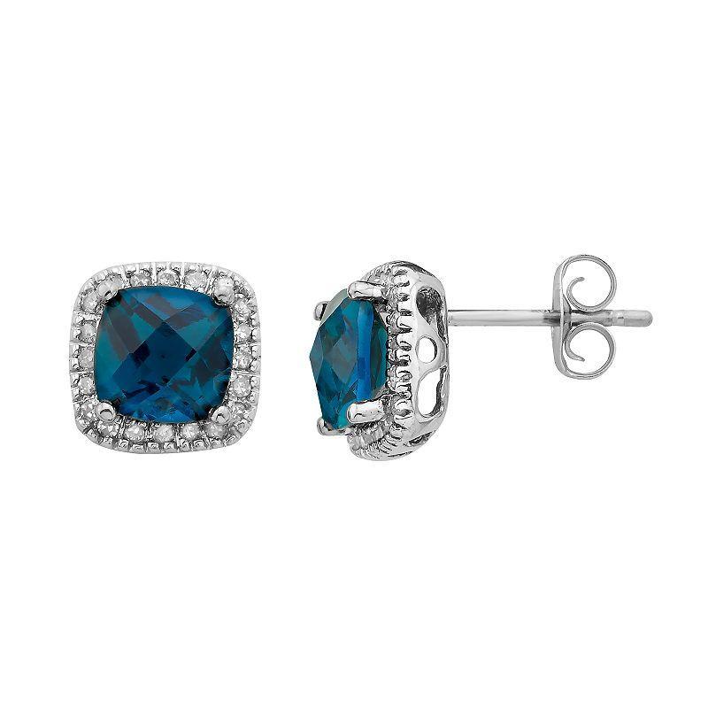 London Blue Topaz and 1/6 Carat T.W. Diamond 10K Gold Halo Button Stud Earrings, Womens Product Image