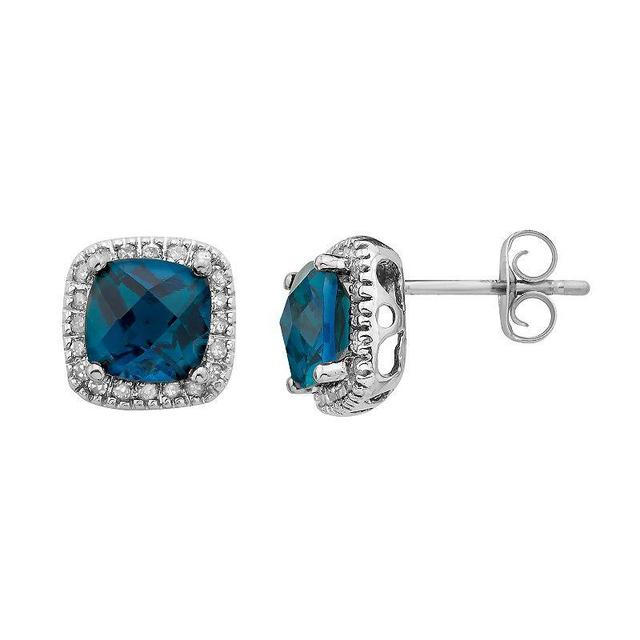 London Blue Topaz and 1/6 Carat T.W. Diamond 10K Gold Halo Button Stud Earrings, Womens, White Product Image