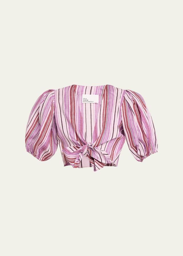 Lisa Marie Fernandez - Pouf Tie-Detailed Linen-Blend Crop Top - StripeModa Operandi Product Image