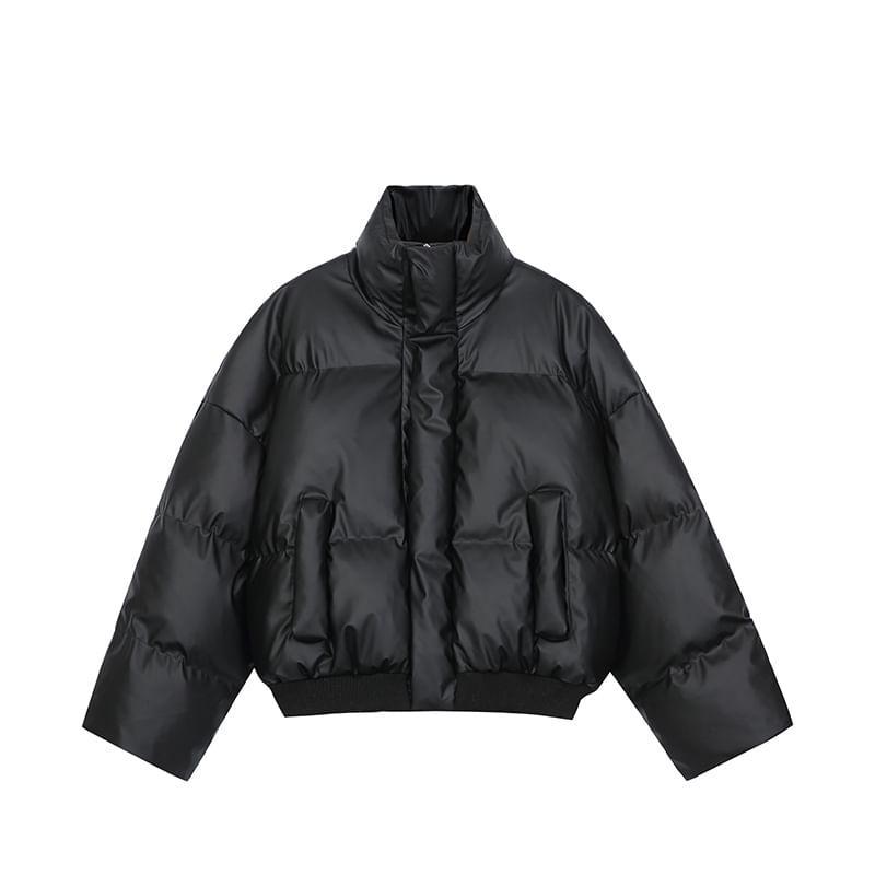 Stand Collar Plain Zip-Up Crop Puffer Jacket Product Image