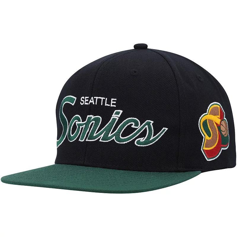 Mens Mitchell & Ness Black Seattle SuperSonics Hardwood Classics Mvp Team Script 2.0 Snapback Hat Product Image