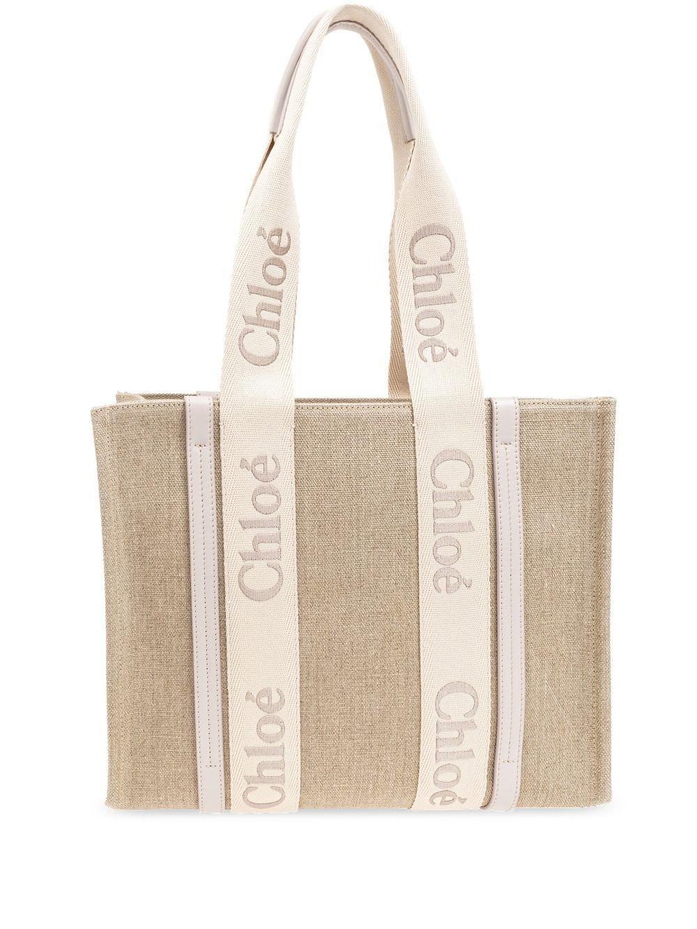 Medium Woody Logo-strap Linen Tote Bag In Neutrals product image