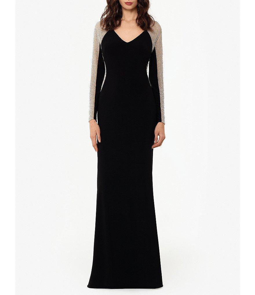 Xscape Petite Size Caviar Beaded Mesh Long Sleeve V-Neck Sheath Gown Product Image