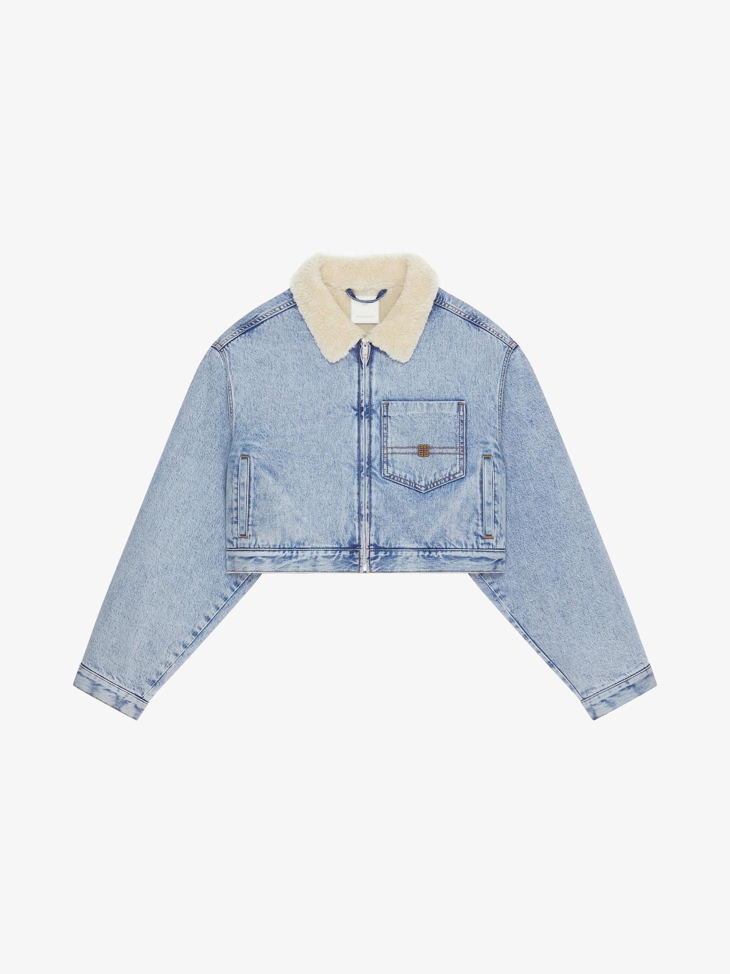 Cropped jacket in denim and shearling-effect collar Product Image