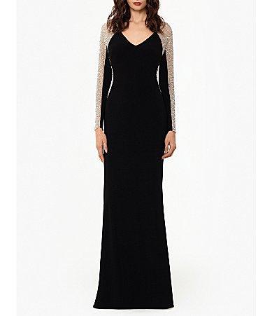 Xscape Petite Size Caviar Beaded Mesh Long Sleeve V Product Image