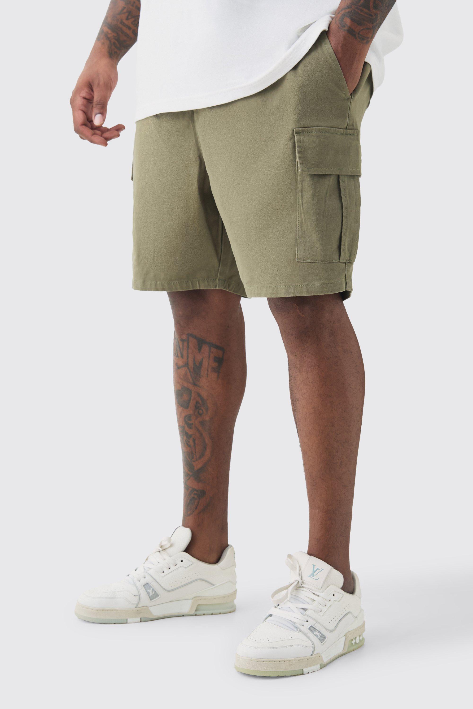 Plus Elasticated Waist Khaki Slim Fit Cargo Shorts | boohooMAN USA Product Image