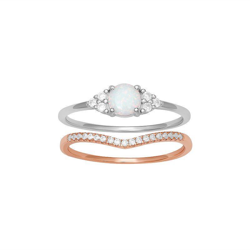 PRIMROSE Sterling Silver Opal & 18k Rose Gold Over Silver Cubic Zirconia V-Shaped Stackable Ring Duo Set, Womens, Rose Gold Over Sterlin Product Image