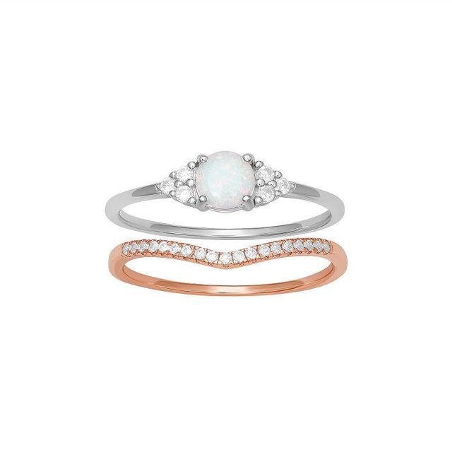 PRIMROSE Sterling Silver Opal & 18k Rose Gold Over Silver Cubic Zirconia V-Shaped Stackable Ring Duo Set, Womens, Rose Gold Over Sterlin Product Image