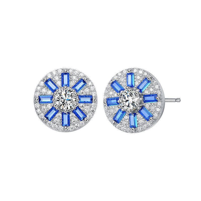 Sterling Silver Blue Cubic Zirconia Baguette & Round Stud Earrings, Womens Product Image