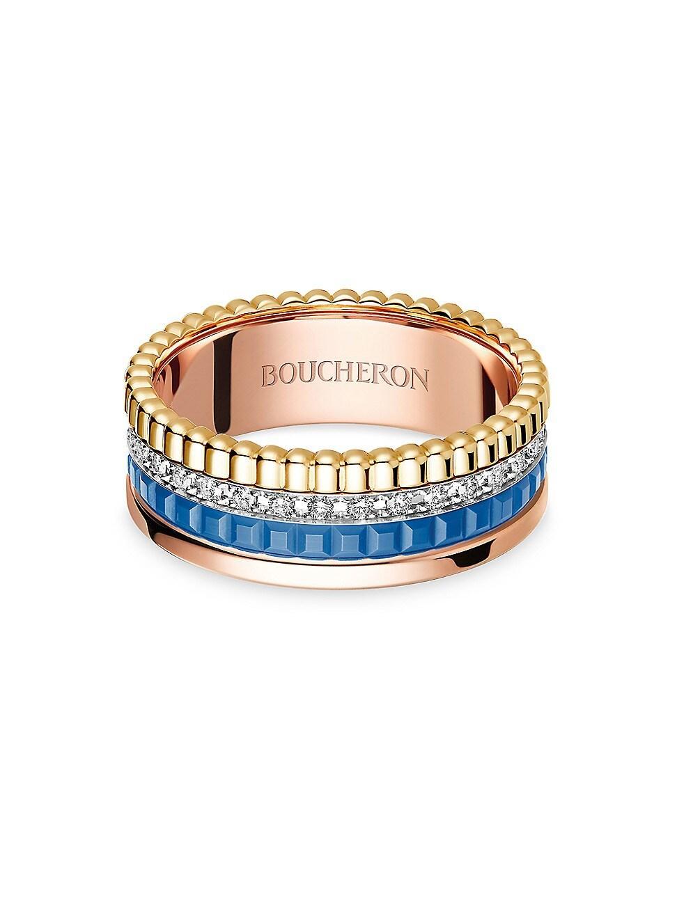 Womens Quatre Blue Edition Tri-Tone 18K Gold, HyCeram & 0.24 TCW Diamond Ring Product Image