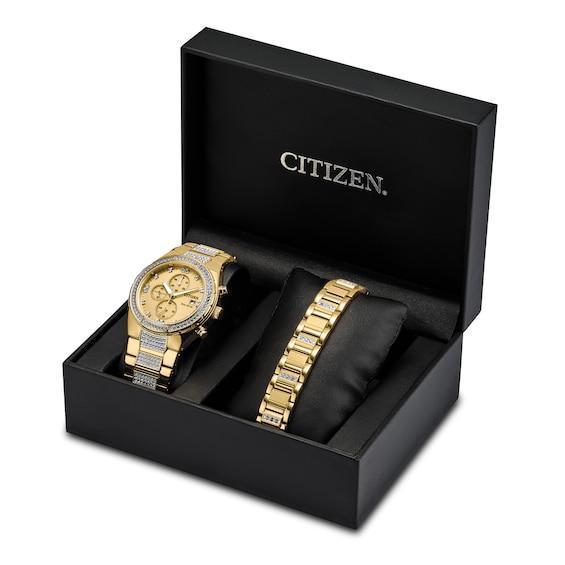 Men's Citizen Eco-DriveÂ® Crystal Accent Gold-Tone Watch and Link Chain Bracelet Box Set (Model: Ca0752-66P) Product Image