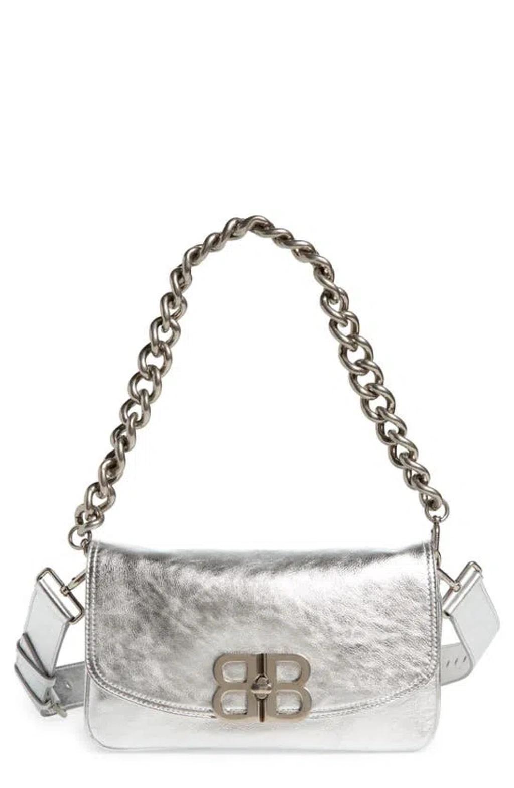 Small Bb Soft Flap Metallic Leather Crossbody Bag In Silver Product Image