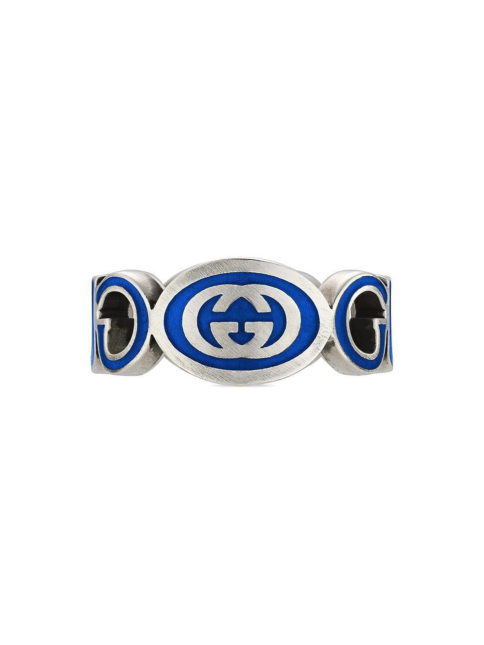 Mens Interlocking G Sterling Silver & Blue Enamel Cut-Out Ring Product Image